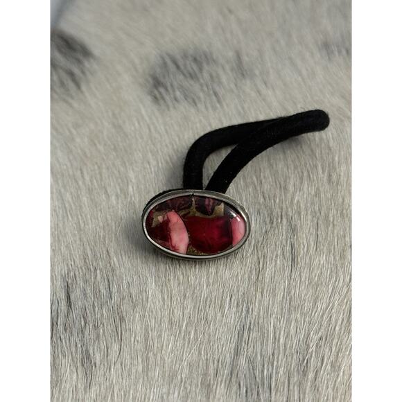 Native American Navajo Handmade Sterling Silver Red Rose Dahlia Oval Hair Tie main image 9